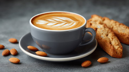 A beautifully crafted cup of coffee featuring intricate latte art, paired with almonds and biscotti. Perfect for inviting cafe settings and cozy moments.の素材