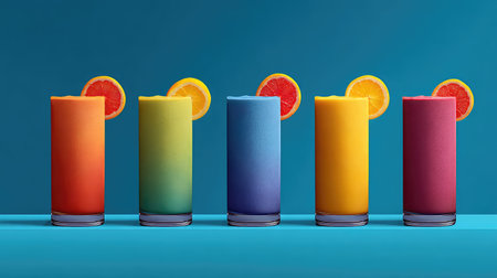 A delightful arrangement of five tall glasses filled with colorful smoothies, each garnished with a slice of orange, creating a vibrant and refreshing visual ideal for summer.の素材
