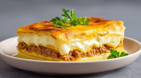 A delectable serving of homemade lasagna featuring layers of savory meat and creamy cheese sauce, garnished with fresh herbs, ideal for festive meals.の素材