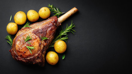 A beautifully presented lamb leg roast accompanied by baby potatoes and fresh herbs, set against a sleek black slate background, showcasing culinary artistry and flavor.の素材