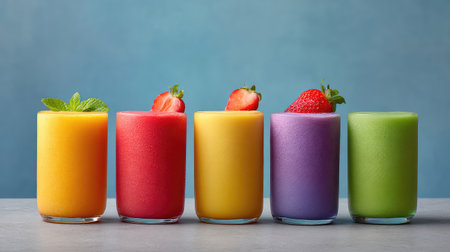 A visually striking collection of colorful smoothies topped with fresh strawberries and mint, perfect for healthy living and summertime refreshment.の素材