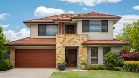 This beautiful modern house features a striking stone facade and red tiled roof, with expansive windows and a lush green lawn, set against a bright blue sky.の素材