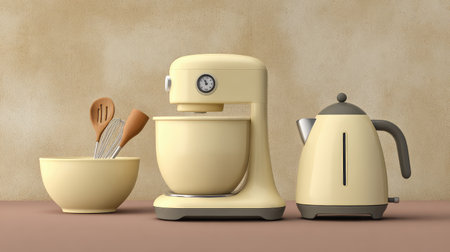 This charming kitchen scene showcases a cream-colored mixer and kettle alongside wooden utensils and a mixing bowl, perfect for cooking enthusiasts.の素材