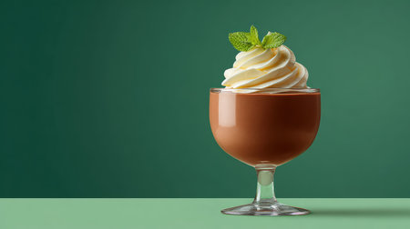 A decadent chocolate dessert elegantly served in a glass bowl, crowned with luscious whipped cream and garnished with fresh mint, perfect for culinary projects.の素材