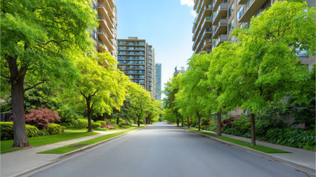 A serene urban street lined with vibrant green trees and modern buildings. The clear blue sky enhances the tranquil atmosphere in this peaceful neighborhood.の素材