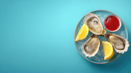 Indulge in the freshness of oysters served elegantly on ice, accompanied by bright lemon wedges and zesty cocktail sauce, perfect for gourmet dining.の素材