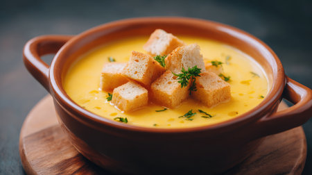 Enjoy a steaming bowl of creamy yellow soup, elegantly garnished with crispy croutons and fresh herbs, perfect for a cozy meal or gathering.の素材
