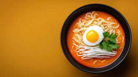 This image features a vibrant bowl of ramen noodles topped with a soft egg, fresh herbs, and sprouts, set against a bright orange background, perfect for food enthusiasts.の素材