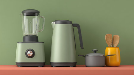 A stylish arrangement of modern kitchen appliances in soothing pastel green, including a blender, kettle, and saucepan, enhances any culinary space with elegance.の素材