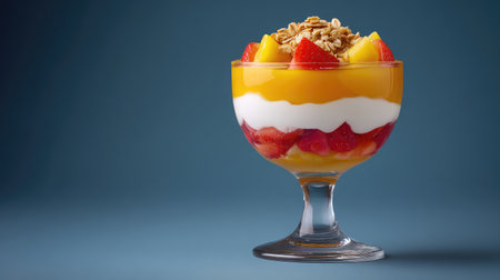 A beautiful layered fruit parfait featuring creamy yogurt, fresh strawberries, sweet mango, and crunchy granola in a stylish glass bowl, perfect for dessert or breakfast.の素材