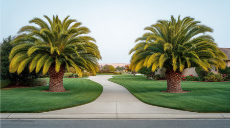 Two large palm trees stand majestically on either side of a well-maintained pathway, creating an inviting, tranquil atmosphere in a beautiful residential area.の素材