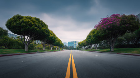 An empty urban street lined with vibrant trees offers a serene atmosphere. Soft clouds loom overhead, creating a tranquil backdrop for modern architecture.の素材