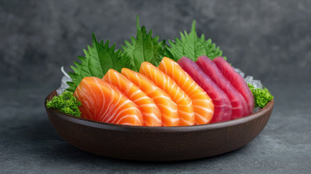 Indulge in a beautiful sashimi platter featuring fresh salmon and tuna slices, garnished with leafy greens and ice accents for a vibrant dining experience.の素材