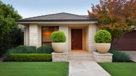 A beautifully designed modern home entrance featuring a symmetrical layout with potted plants. The vibrant exterior highlights contemporary architectural elements.の素材