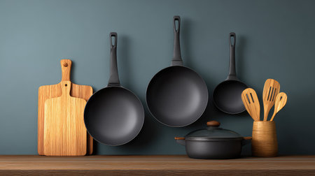 This striking kitchen scene features black cooking pans and wooden utensils artfully arranged on a rustic wooden table, enhancing any culinary space with aesthetic appeal.の素材