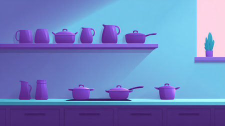 A contemporary kitchen scene featuring vibrant purple cookware arranged on shelves. The colorful design and minimalist decor create a stylish culinary space perfect for cooking.の素材