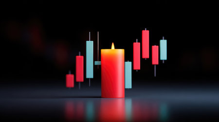 This image showcases a single candle amidst green and red bars, illustrating market trends in finance. It captures essential elements for investment strategies and analysis.の素材