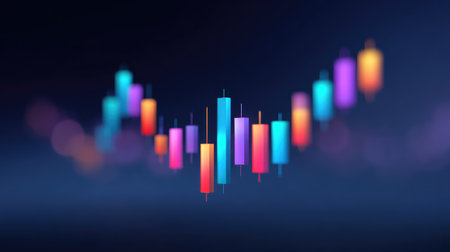 Vibrant candlestick chart shows market movements with bright colors, illustrating financial trends in a modern digital style for trading and analysis purposes.の素材