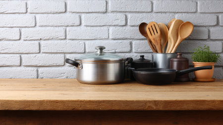 A stylish kitchen countertop featuring various cooking utensils and pots, showcasing a mix of materials and textures against a rustic wooden surface and elegant brick wall.の素材