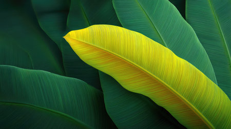 A stunning arrangement of lush green leaves highlighted by a striking yellow leaf, showcasing the beauty and diversity of nature in a close-up view.の素材