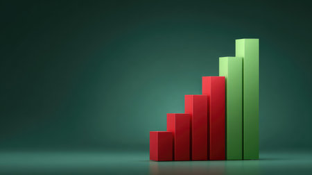 A minimalist bar graph featuring red and green bars on a dark background, symbolizing financial performance and growth trends in business or statistics.の素材