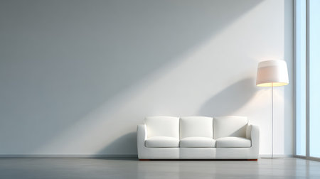 A modern white sofa is the focal point of this minimalist living room, offering a serene atmosphere with natural light from large windows and a chic floor lamp.の素材