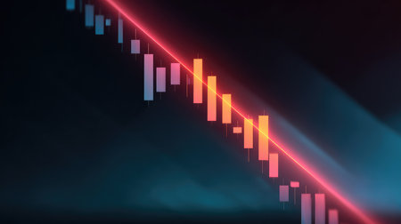 A vivid and artistic illustration showcasing a stock market chart with colorful candlestick patterns and glowing lines, perfect for financial themes and presentations.の素材