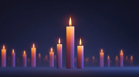 A serene collection of glowing candles with flickering flames sitting against a dark backdrop. Ideal for creating a calming atmosphere in various peaceful settings or events.の素材
