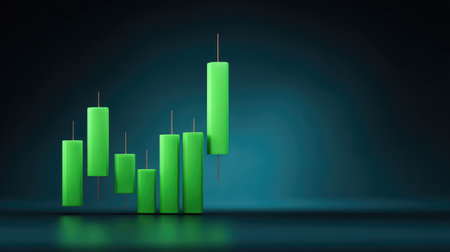 This image features green candlestick chart indicators illustrating a rising trend, ideal for financial market analysis and economic growth concepts on a dark backdrop.の素材
