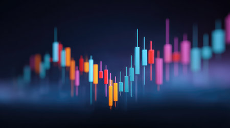 This vivid candlestick chart illustrates market trends and price movements, ideal for financial analysis, investment strategies, or educational purposes in economics.の素材
