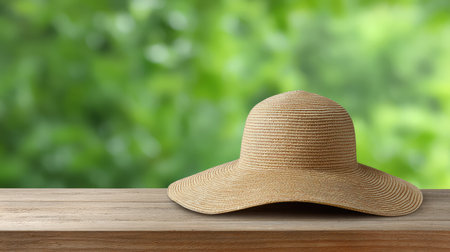 This image features a stylish straw hat resting on a wooden surface, set against a blurred green background that evokes a peaceful outdoor atmosphere.の素材