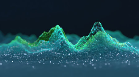 A captivating abstract landscape made of colorful lights and dots symbolizes the flow of digital data. This futuristic visual explores themes of technology and information.の素材