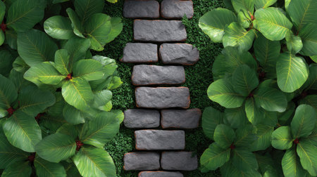 A beautiful stone pathway meanders through a lush landscape, surrounded by vibrant green leaves and grass, creating a peaceful and inviting natural scene.の素材
