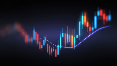 Digital abstract representation of a financial chart showing an upward trend with colorful candle sticks and a moving average line, illustrating stock market dynamics.の素材