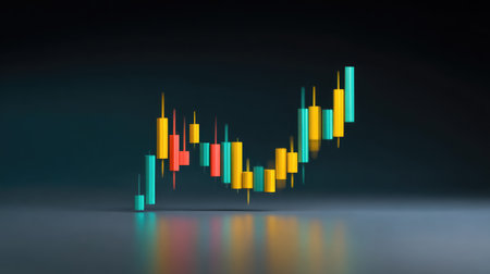 This abstract image illustrates a financial chart with colorful candlestick patterns, showcasing market trends and movements, set against a dark background.の素材