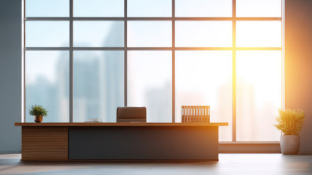 A serene office interior showcasing a modern design with large windows allowing natural light, complemented by minimalistic furniture and decorative plants.の素材