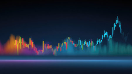Vibrant abstract representation of a financial chart showcases dynamic price movements and trading volume in a digital art style on a dark background.の素材