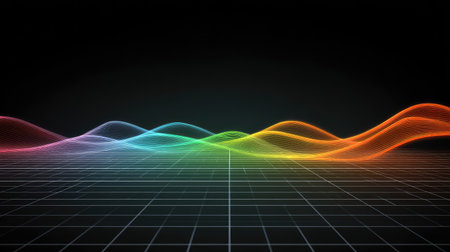 Vibrant waveforms gracefully transition across a grid backdrop, showcasing a modern aesthetic. Perfect for projects focused on technology, art, and design.の素材
