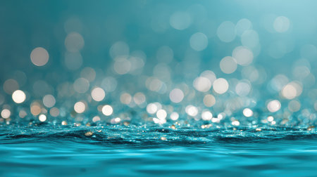 This captivating image features a shimmering water surface illuminated by soft blue highlights, creating a tranquil atmosphere filled with dreamy bokeh effects.の素材