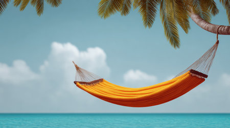 A vibrant orange hammock sways gently between palm trees, inviting relaxation by the tranquil turquoise ocean. The bright blue sky and fluffy clouds enhance the serene atmosphere.の素材