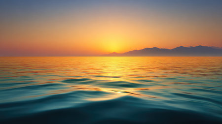 A mesmerizing sunset casts warm hues across calm ocean waters, creating a tranquil scene. Gentle ripples reflect the golden light, against silhouetted mountains.の素材