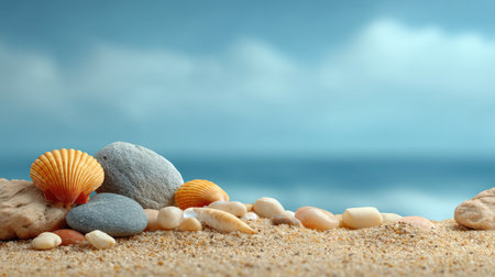 A serene beach setting featuring various shells and smooth stones scattered on warm sand, with gentle waves lapping the shore under a clear blue sky.の素材