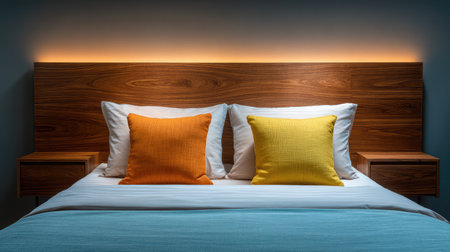 A serene modern bedroom featuring a wooden headboard, bright pillows, and soft ambient lighting, creating a warm and inviting atmosphere for relaxation and restful sleep.の素材