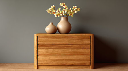 A beautifully crafted wooden chest with three drawers, complemented by two simple vases and floral arrangement, perfect for enhancing modern home decor with a touch of elegance.の素材