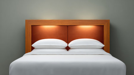 A beautifully designed modern bedroom featuring a stylish wooden headboard and crisp linens, creating a tranquil space perfect for restful nights and elegant living.の素材