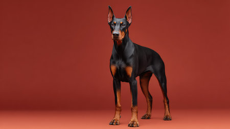 A stunning Doberman Pinscher stands alert against a vibrant red backdrop, highlighting its graceful physique and sharp facial features, embodying loyalty and strength.の素材