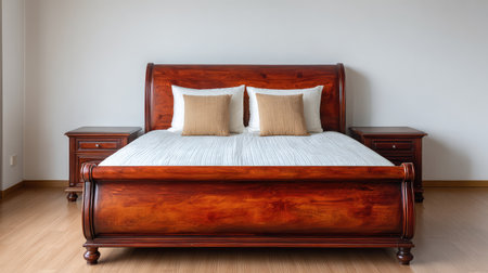Discover a beautiful wooden sleigh bed that enhances the serene ambiance of a minimalistic bedroom, showcasing comfort and style in a harmonious environment.の素材