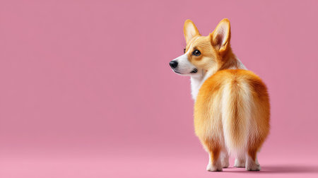 A charming corgi dog showcasing its fluffy fur and playful personality, standing against a bright pink backdrop, perfect for pet-themed projects or marketing materials.の素材