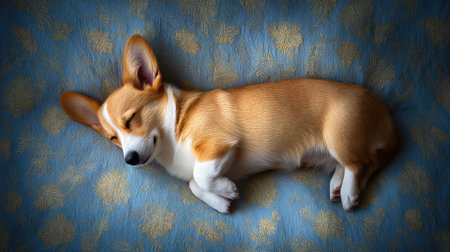 This charming image showcases a cute corgi puppy sleeping on a soft blue blanket, radiating warmth and tranquility. The delightful scene captures innocence and joy in a peaceful moment.の素材