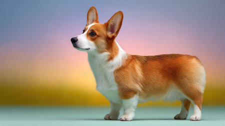 A charming Welsh Corgi stands gracefully, displaying its distinctive appearance and lively spirit, set against a serene sunset background that enhances its beauty and character.の素材